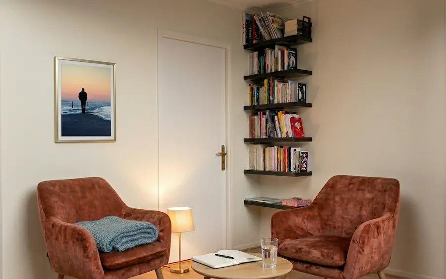 Cabinet de consultation avec fauteuils et bibliothèque