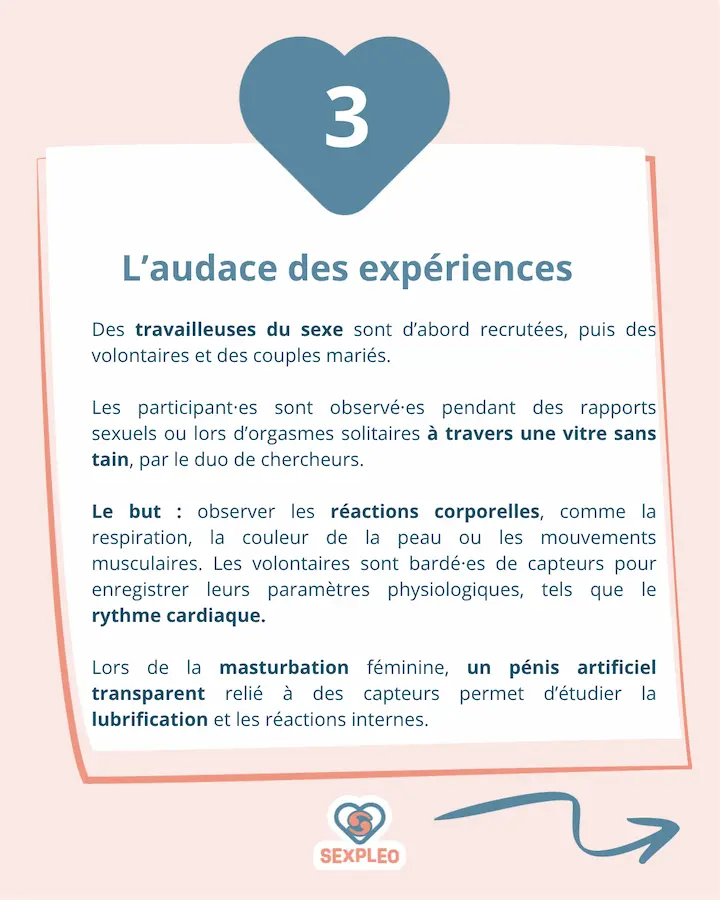 L'audace des expériences Des travailleuses du sexe sont d’abord recrutées, puis des volontaires et des couples mariés. Les participant·es sont observé·es pendant des rapports sexuels ou lors d’orgasmes solitaires à travers une vitre sans tain, par le duo de chercheurs. Le but : observer les réactions corporelles, comme la respiration, la couleur de la peau ou les mouvements musculaires. Les volontaires sont bardé·es de capteurs pour enregistrer leurs paramètres physiologiques, tels que le rythme cardiaque. Lors de la masturbation féminine, un pénis artificiel transparent relié à des capteurs permet d’étudier la lubrification et les réactions internes.