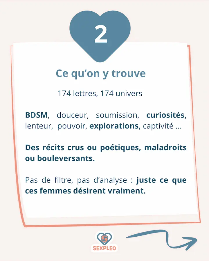 Pourquoi lire le livre "Nos désirs" ? Pour soi : - lire les désirs d'autres personnes, c'est parfois oser reconnaitre les siens, ses envies, ses fantasmes - pour développer son imaginaire - Pour se sentir moins seule, moins "anormale", plus curieuse Remettre du jeu, du souffle, du vivant dans sa sexualité