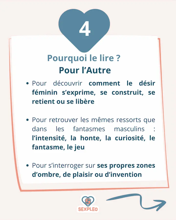 Pour lire le live "Nos désirs" ? Pour l'Autre - pour découvrir comment le désir féminin s'exprime, se construit, se retient ou se libère - pour retrouver les mêmes ressorts que les fantasmes masculins : l'intensité, la honte, la curiosité, le fantasme, le jeu - Pour s'interroger sur ses propres zones d'ombre, de plaisir ou d'invention