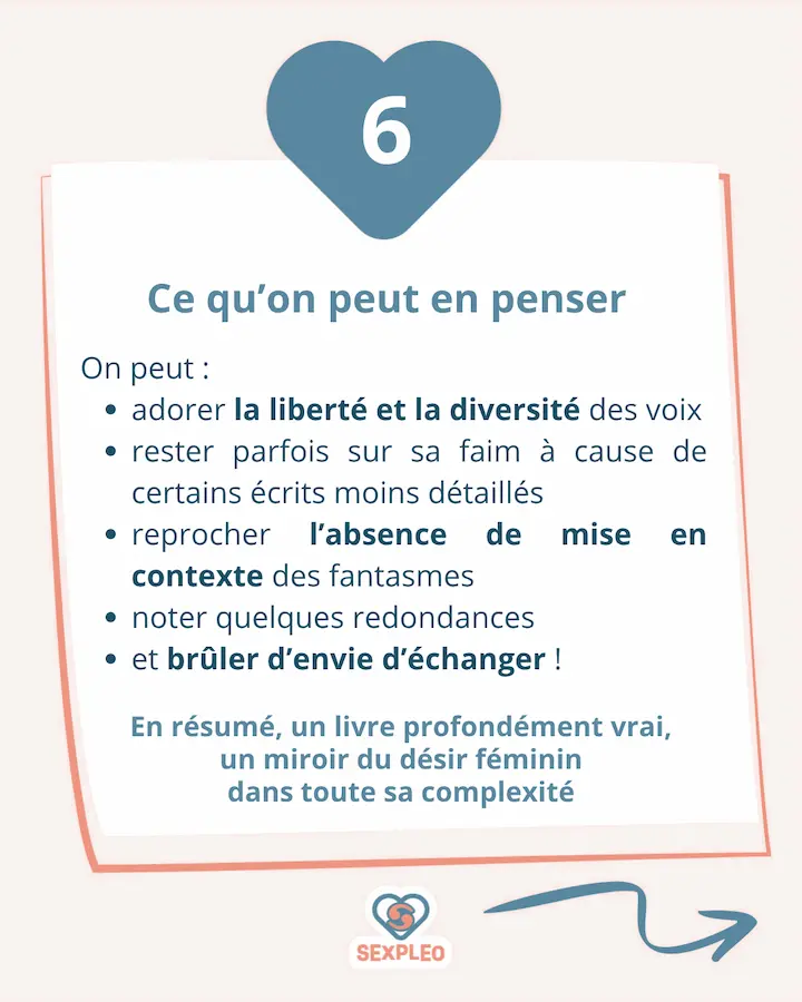 Ce qu'on peut penser du livre "Nos désirs" : - adorer la liberté et la diversité des voix - rester parfois sur sa faim à cause de certains écrits moins détaillés - reprocher l'absence de mise en contexte des fantasmes - noter quelques redondances -et brûler d'envie d'échanger ! En résumé, un livre profondément vrai, un miroir du désir féminin dans toute sa complexité